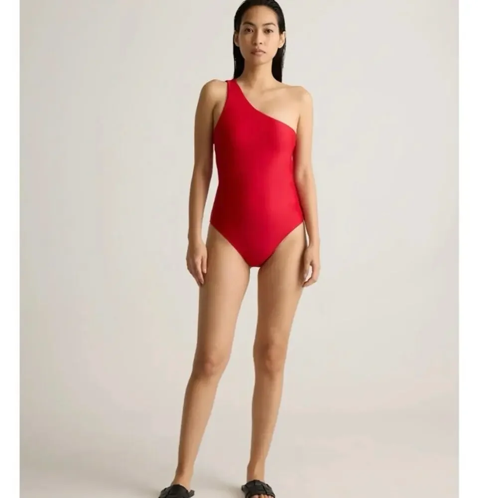 Quince Italian One Shoulder One-Piece Swimsuit in Cherry Red Size M